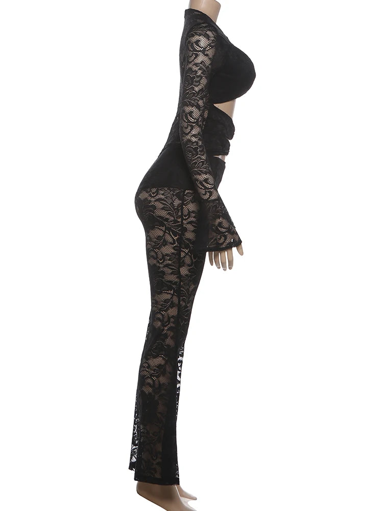 Nibber See Through Jumpsuits Woman Metal Rings Patchwork Hollow Design Sexy Full Sleeve Midnight Club Party Wild Style Overalls