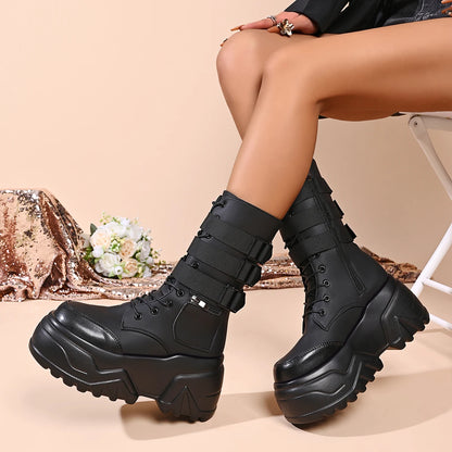 Punk Style Thick Bottom Women's Black Short Boots Side Zip Buckle Straps Platform Shoes for Women Zapatos De Mujer Size 35-42