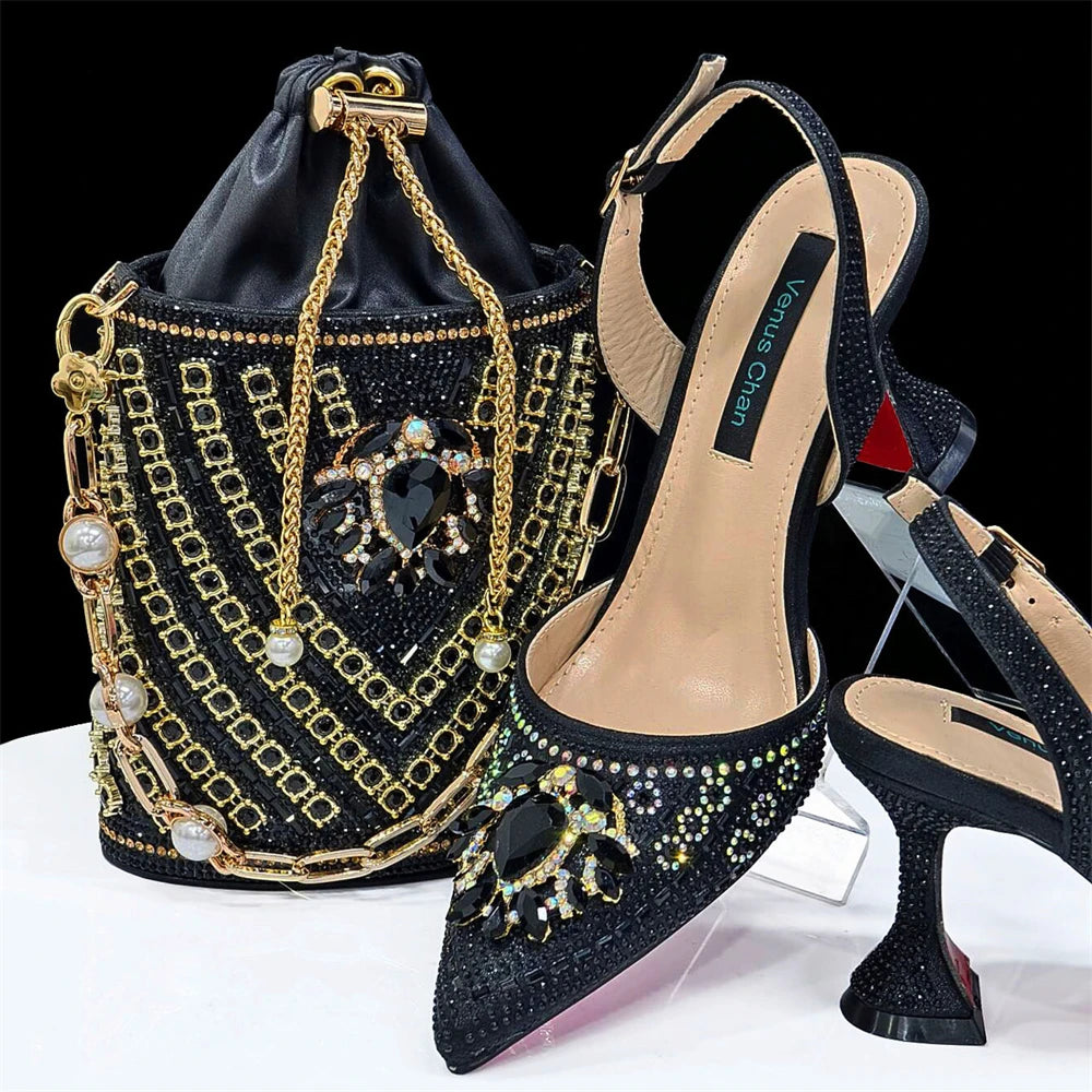 Venus Chan Italian Shoes and Bags Matching Set 2024 Nigerian Heel Party for Women Orange Colour Italian Design Wedding INS 2024