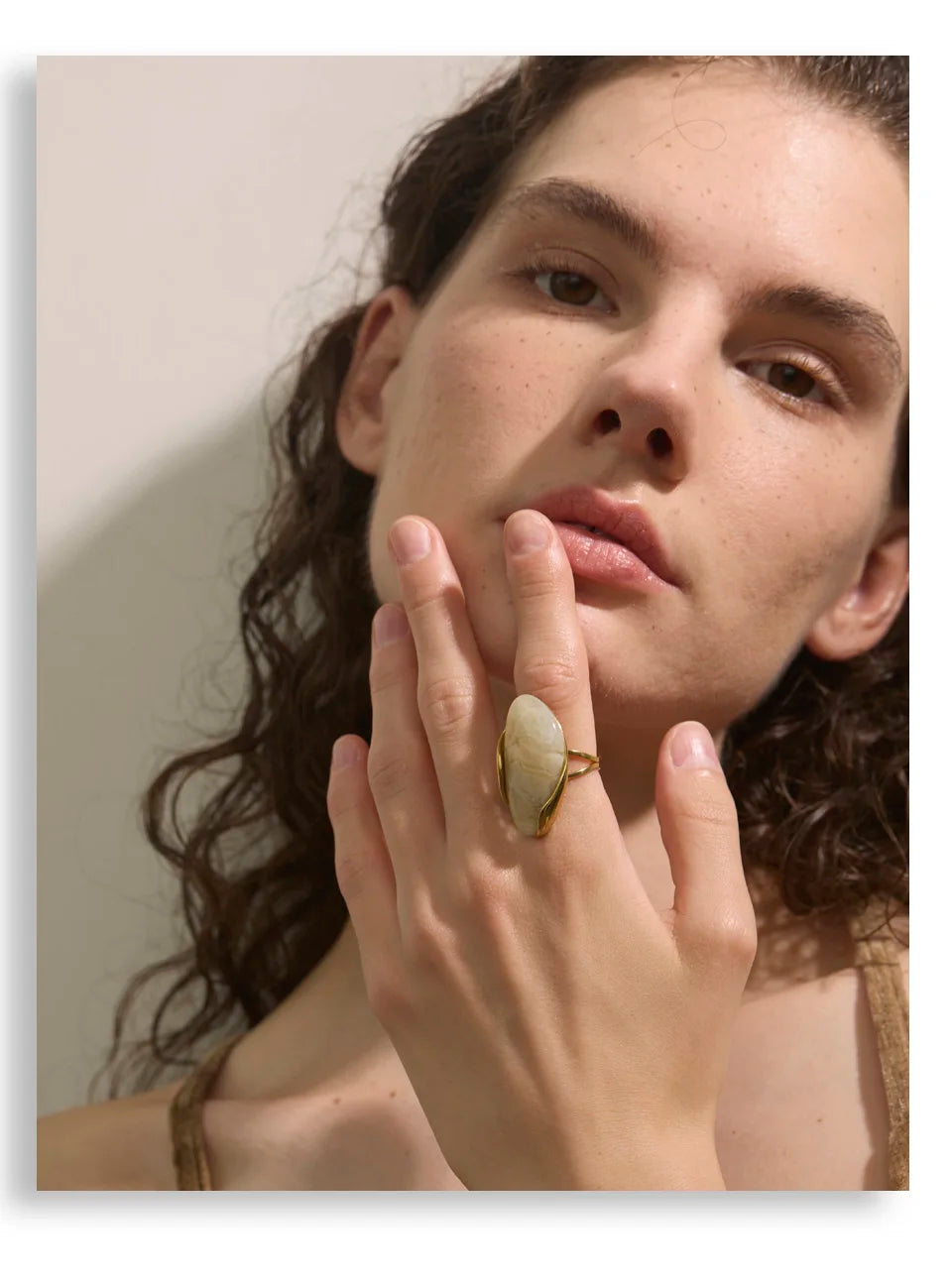 Yhpup New Design Brown Green Beige Resin Geometric Adjustable Ring Golden PVD Stainless Steel Rust Proof Finger Jewelry Gift