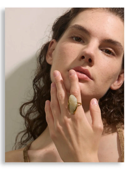 Yhpup New Design Brown Green Beige Resin Geometric Adjustable Ring Golden PVD Stainless Steel Rust Proof Finger Jewelry Gift