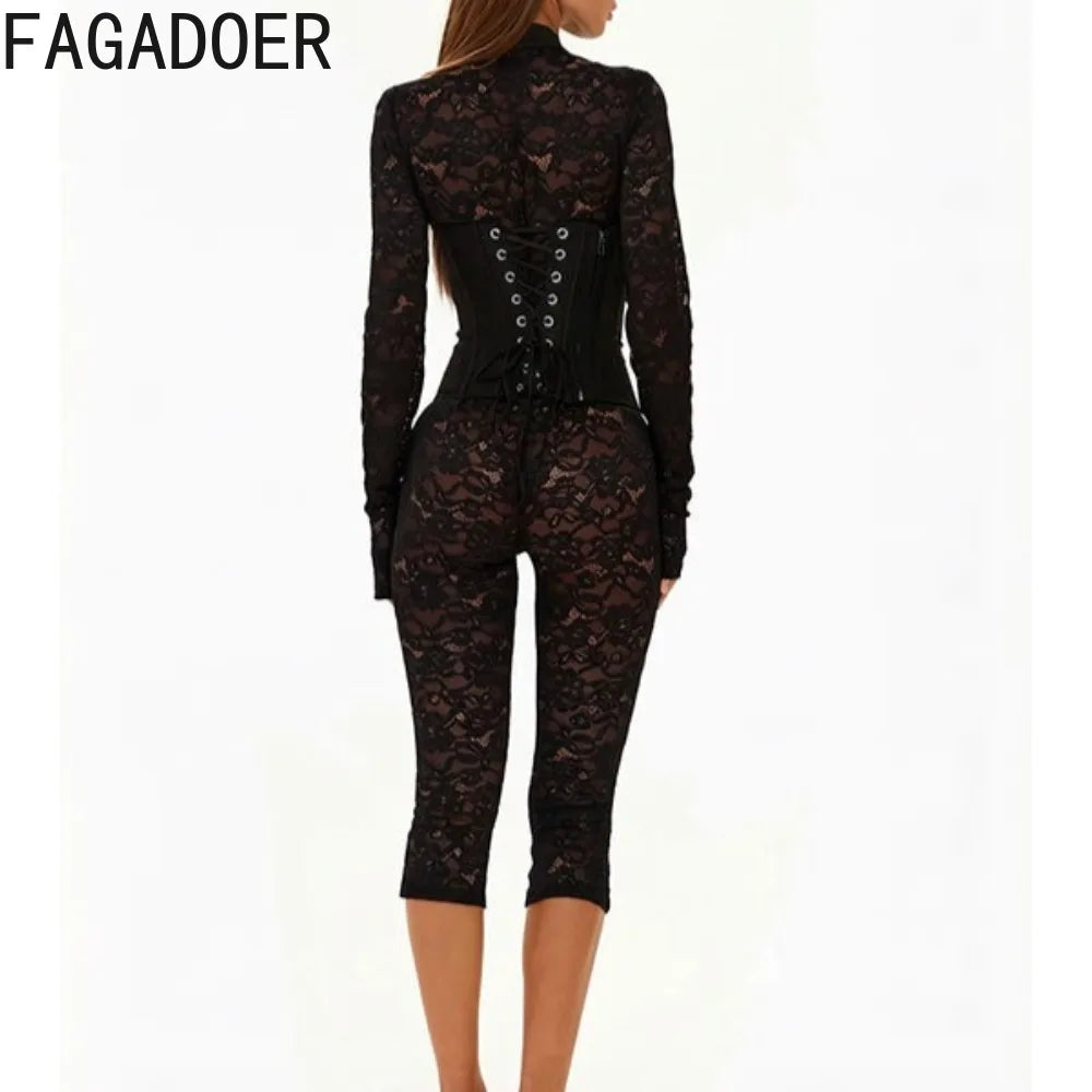 FAGADOER Sexy Lace See Through Corset Jumpsuit Women Hollowed-out Long Sleeve Bodycon Capri Pants Clubwear Night Party Outfit