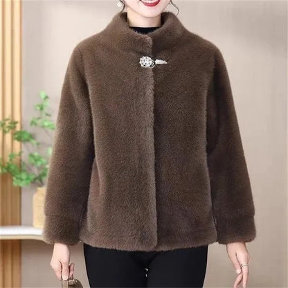 Middle Aged Mother's Clothing Autumn Winter Fashion Mink Fur Fur One-Piece Short Style Stand Collar Fur Jacket Female Warm Coat