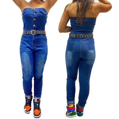 Women Off Shoulder Jeans Jumpsuits Rompers Fashion Strapless Buttons Long Slim Denim Women's Jumpsuits Overalls