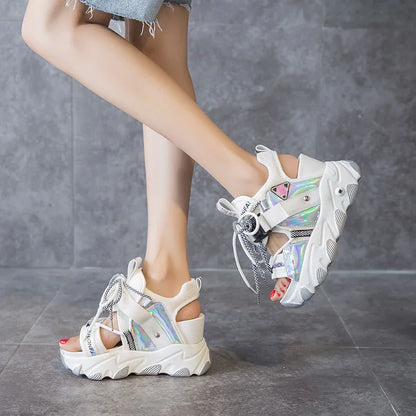 Maogu Mixed Color Shoes Sports Wedge White Sandals Women High Heel Beach Casual Shoe Leisure Lady Platform Chunky Sandals