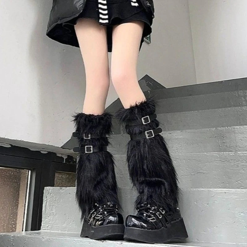 Furry Leg Warmers Women Sweet Lolita Leather-Buckle Plush Leg Covers Y2k Hottie Subculture JK Long Socks Punk Gothic Foot Covers
