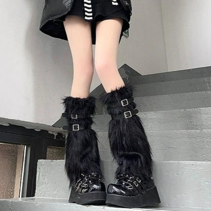 Furry Leg Warmers Women Sweet Lolita Leather-Buckle Plush Leg Covers Y2k Hottie Subculture JK Long Socks Punk Gothic Foot Covers