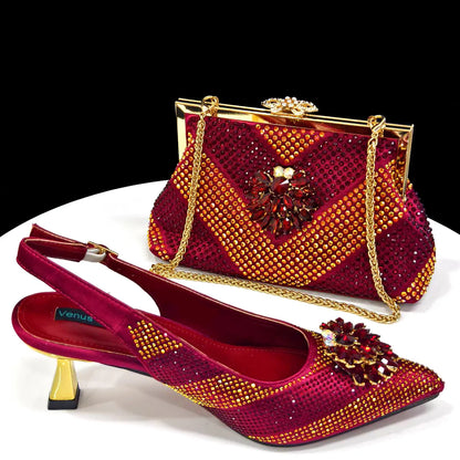 Venus Chan 2026 Italian Luxury Rhinestone Wine Pointed Toe High Heels with Matching Bag Set – Ideal for Parties and Special