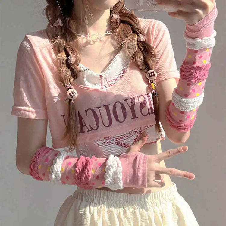 Pink Lolita Lace Bowknot Gloves Fingerless Gothic Winter Warm Sunscreen Sleeve False Sleeve Gloves Women JK Clothing Accessories