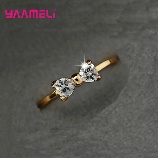 Luxury Austria Crystal Fashion 925 Sterling Silver Gold Color Bow Rings For Women Wedding Engagement Cubic Zirconia Jewelry