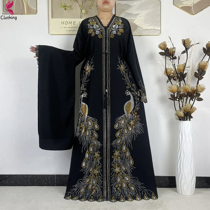 2026New Dubai Muslim Women Modest Dress Diamond Chiffon Elegant Arabic Femme Hijab African Abaya Islamic Long Sleeve Turkey Robe