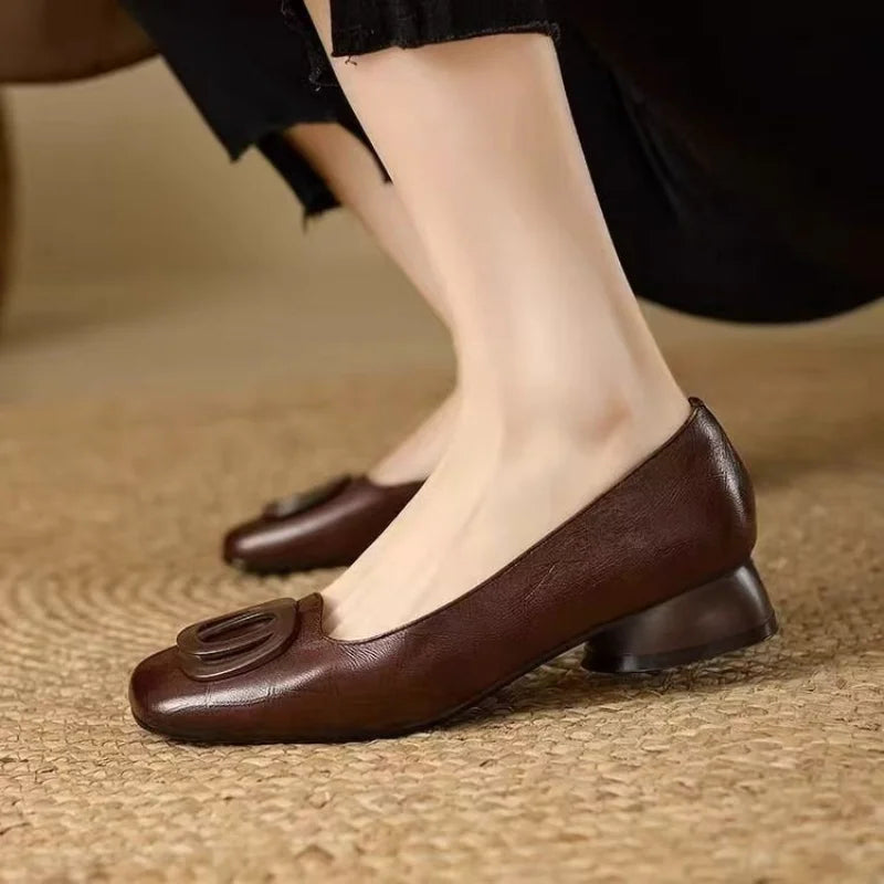 French Style Square Toe Block Heel Pumps Women Spring Autumn New Soft Leather Shallow Shoes Metal Buckle Vintage Women's Shoes