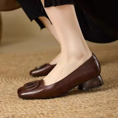 French Style Square Toe Block Heel Pumps Women Spring Autumn New Soft Leather Shallow Shoes Metal Buckle Vintage Women's Shoes