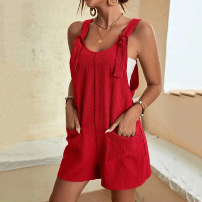 Women's Casual Summer Short Rompers Loose Overall Solid Sleeveless Lace up Wide Leg Pant Tie Knot Strap Jumpsuits with Pockets