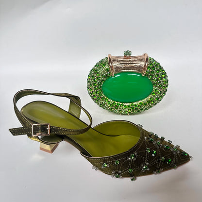 Insightlink Luxury Olive Green Rhinestone High Heel Shoes & Matching Clutch Bag Set – Elegant Pointed Toe Block Heel Sandals