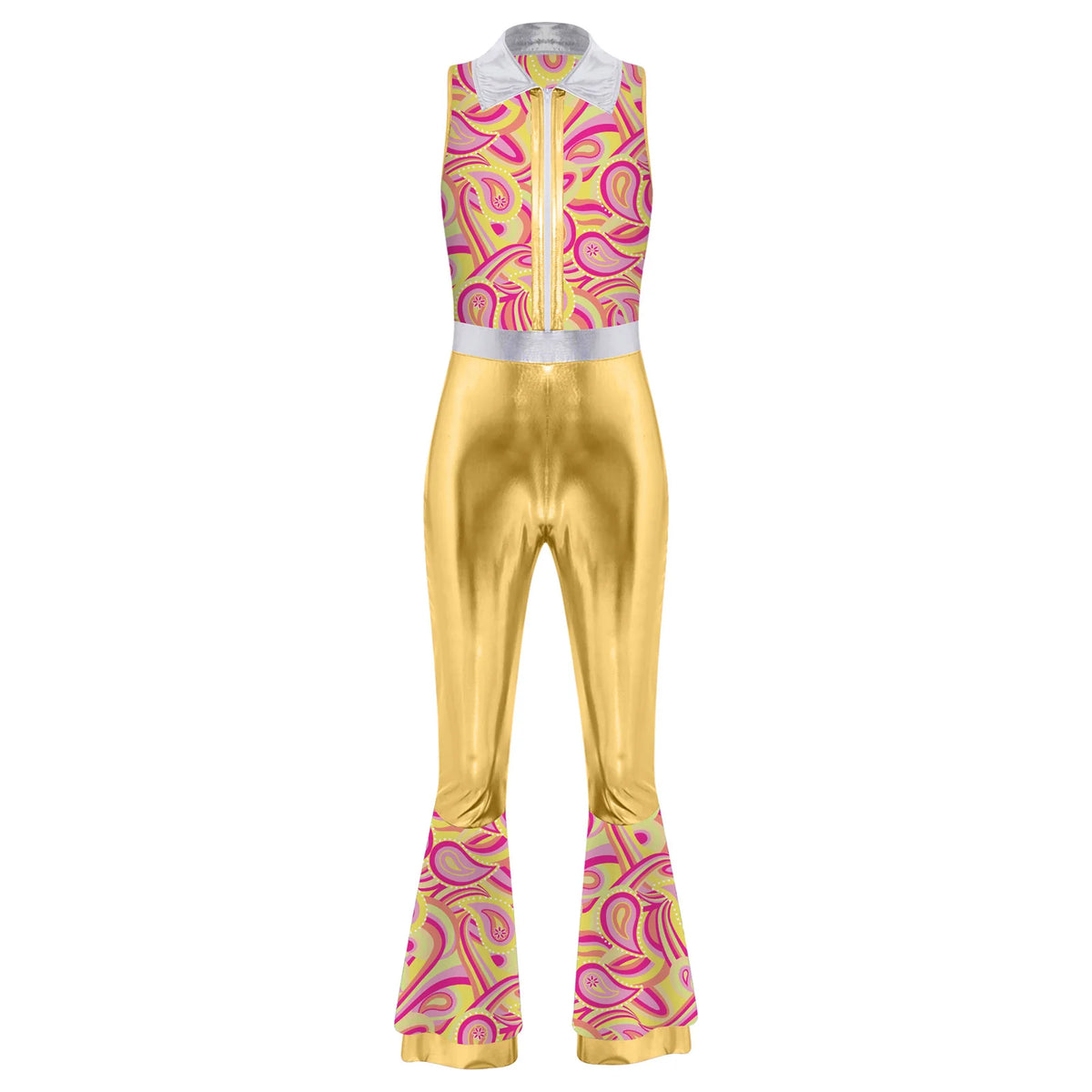 70s 80s Disco Costume Women's Streetwear Jumpsuit Shiny Clubwear Flared Long Pants Rompers Flares Metallic Hippie Party Outfit