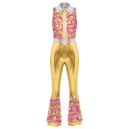 70s 80s Disco Costume Women's Streetwear Jumpsuit Shiny Clubwear Flared Long Pants Rompers Flares Metallic Hippie Party Outfit