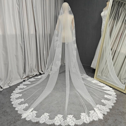 Customized Mantilla Wedding Veil with Eyelash Lace, 2.5m/3m/3.5m/4m Single Tier Long Ivory Bridal Veil with Hidden Comb