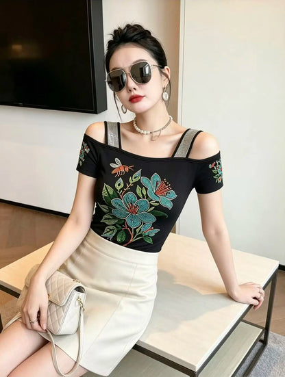 High Quality Elasticity Clothes Fashion T-Shirts Women's Sexy Off Shoulder Shiny Diamonds Mesh Tops Summer Tees Shirt