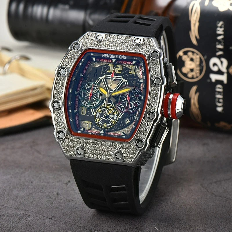 Hengbolong quartz watch men's popular wine barrel diamond-encrusted watch six-pin multi-function running second watch