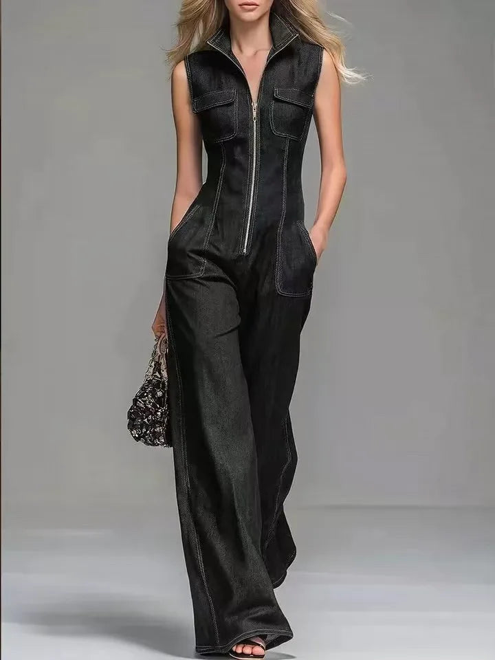 New Women's Sleeveless Denim Jumpsuits High Waist Wide Leg Cargo Pants Front Zipper Casual Office Overalls Summer Jean Jumpsuit