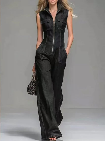 New Women's Sleeveless Denim Jumpsuits High Waist Wide Leg Cargo Pants Front Zipper Casual Office Overalls Summer Jean Jumpsuit