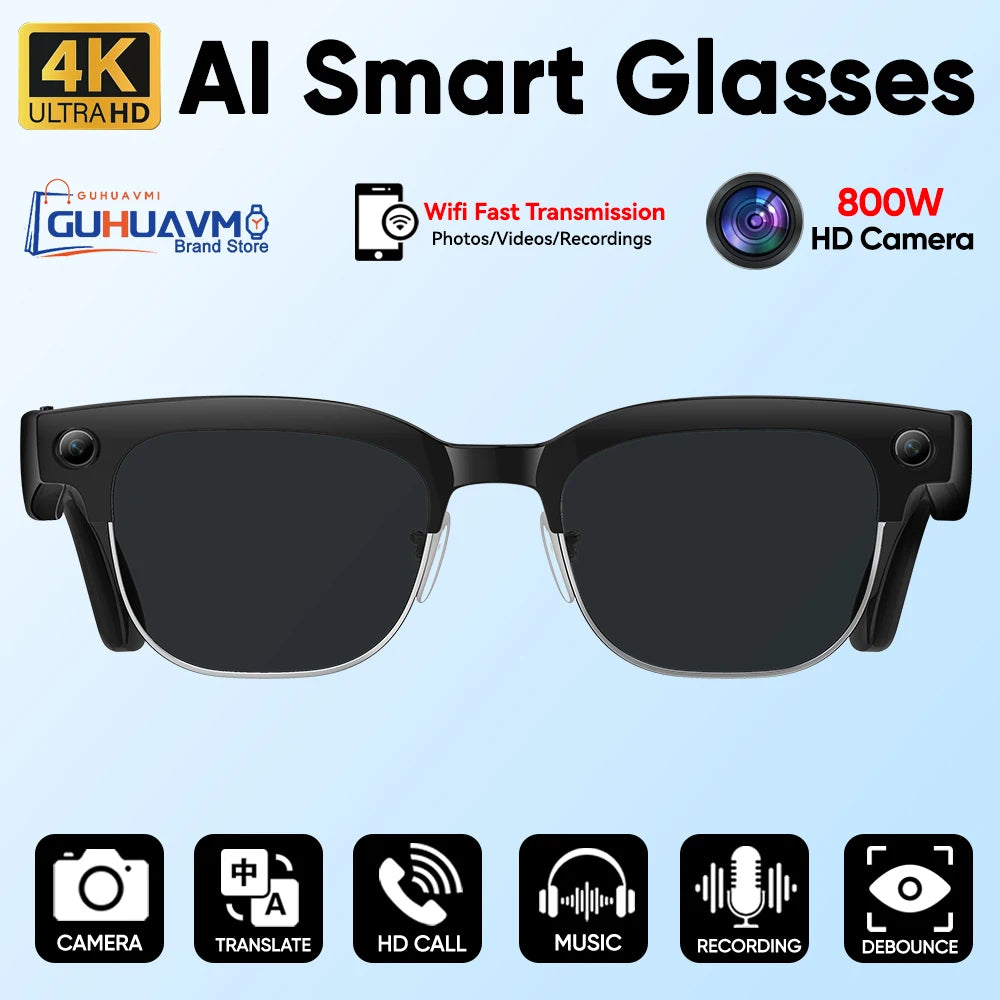 2026 New Men Smart AI Glasses 4K HD 800MP Camera Chat GPT Bluetooth Call Language Translation Wifi Music Player Sunglasses Women