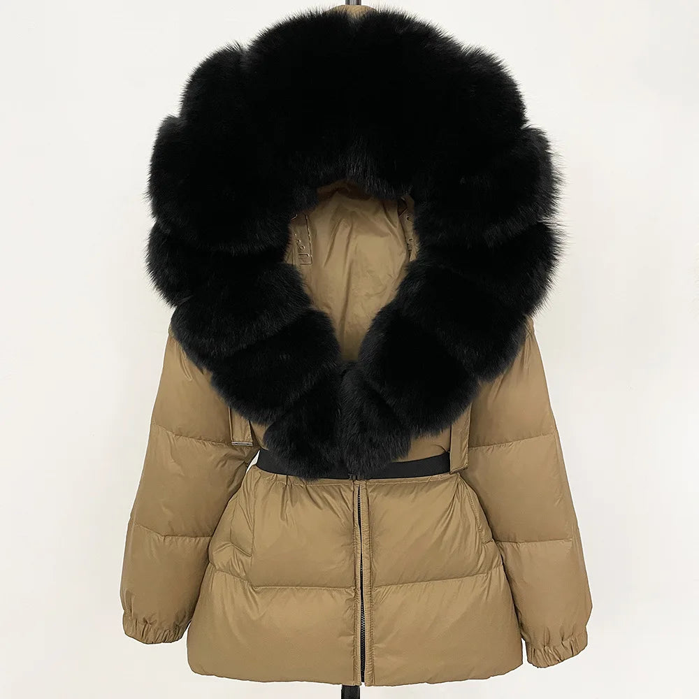Hot Sale Women Luxury Black Down Jacket Waist‑Cinched Design High‑End Elegant Real Big Fox Fur Hooded Collar Winter Outerwear