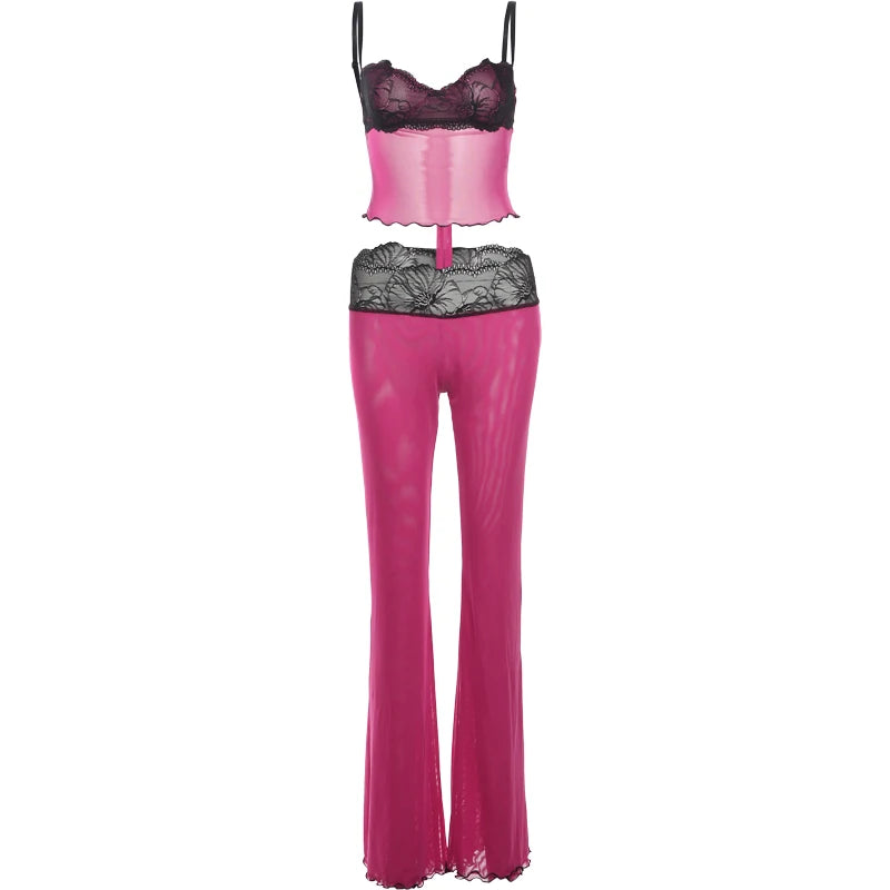 Weird Puss Patchwork Lace 2piece Sets Woman Summer Sexy Fungus Trim Spaghetti-Strap Tops+Chic Tierred Pants Party Skinny Outfits