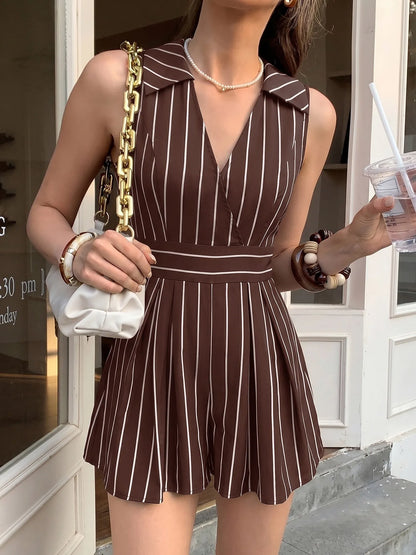 2026 Summer Women Striped Sleeveless V Neck Jumpsuits Elegant Mature Style Casual Short Jumpsuit Ladies One Piece Shorts Outfit