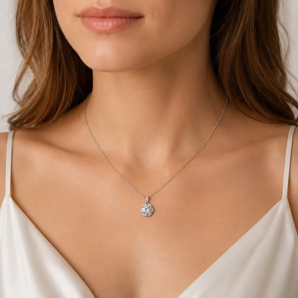 S925 Silver Moissanite Pendant Necklace 2CT Round Cut Flower Halo Design for Women Bridal Party Birthday Jewelry Gift