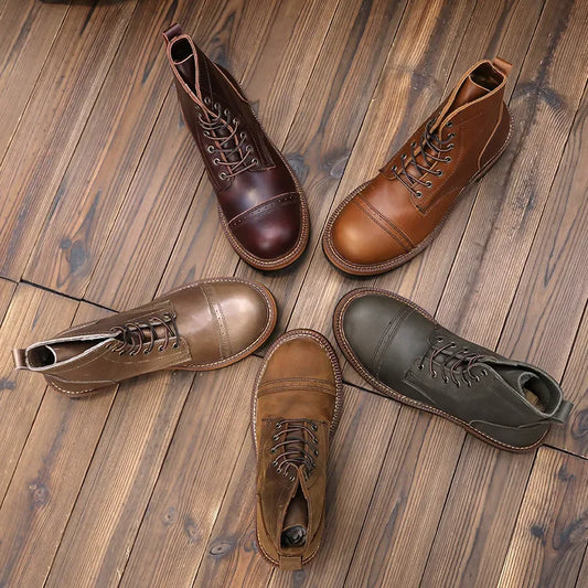 Retro Short Face Men's Winter Wear-resistant Top Layer Cowhide Short Boots Motorcycle Short Boots