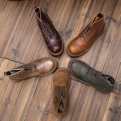 Retro Short Face Men's Winter Wear-resistant Top Layer Cowhide Short Motorcycle Boots