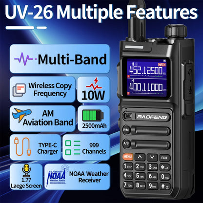 Baofeng UV-26 Walkie Talkie 10W Multi Band Wireless Copy Frequency High Power 999 Channels NOAA with Type-C Charger Ham Radio