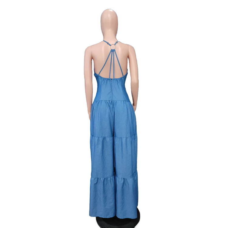 Elegant Jumpsuits for Women 2025 Spring New Plain Elegant Office Lady Loose Ruched Cold Shoulder Hem Wide Leg Jumpsuit Dungarees