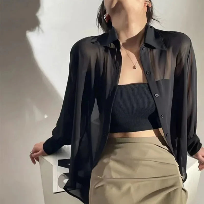 SMVP Chiffon Blouse for Women 2025 New Summer Sheer Mesh Long Sleeve Sun Protection Shirts Korean Fashion Office Lady Shirt Tops