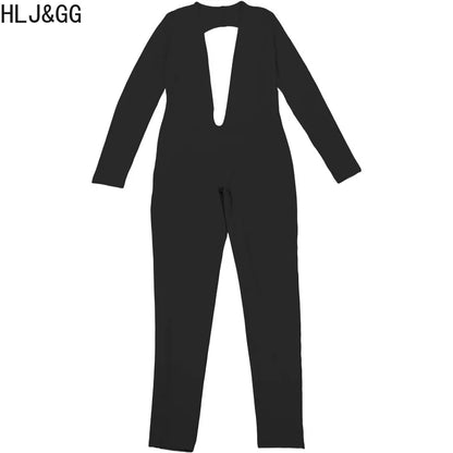 HLJ&GG Sexy Deep V Bodycon Backless One Piece Jumpsuits Women Long Sleeve Slim Playsuits Fashion Female Solid Party Club Overall