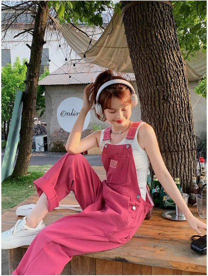 Vintage Pink Denim Overalls Adjustable Strap Wide Leg Jumpsuit Y2K Cute Campus Casual Pants