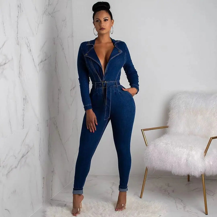 Washed Denim Jumpsuits V Neck Sashes Overalls Jean Solid Pencil Pants Sheath Jeans Pockets Spliced Sexy Slim High Street
