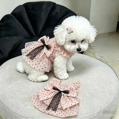 Pink Polka Dot Pet Princess Dress Breathable Sun Protection Sleeveless Tulle Dress with Lace Bow for Small Dogs Cats Pet Clothes