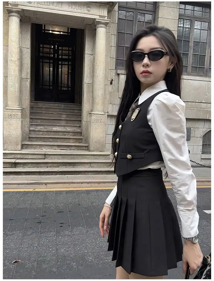 2024 england style uniform jk set suit autumn new suit waistcoat long sleeve shirt pleated skirt fashion three-piece women w753