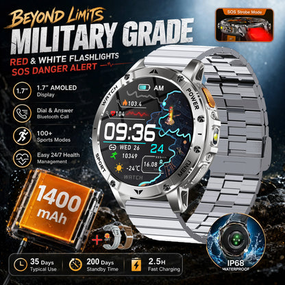 TANK Ultra Outdoor Smartwatch 1400mAh Battery Military Watches Waterproof Two-color Tactical LED Flashlight Men Sports Bracelet