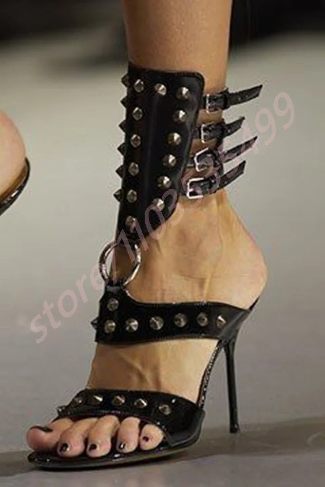 Metal Rivet Open Toe Roman Sandals 2025 Summer New Sexy Catwalk Stiletto Ladies Sandal Ins Style Street Fashion Party Stage Pump