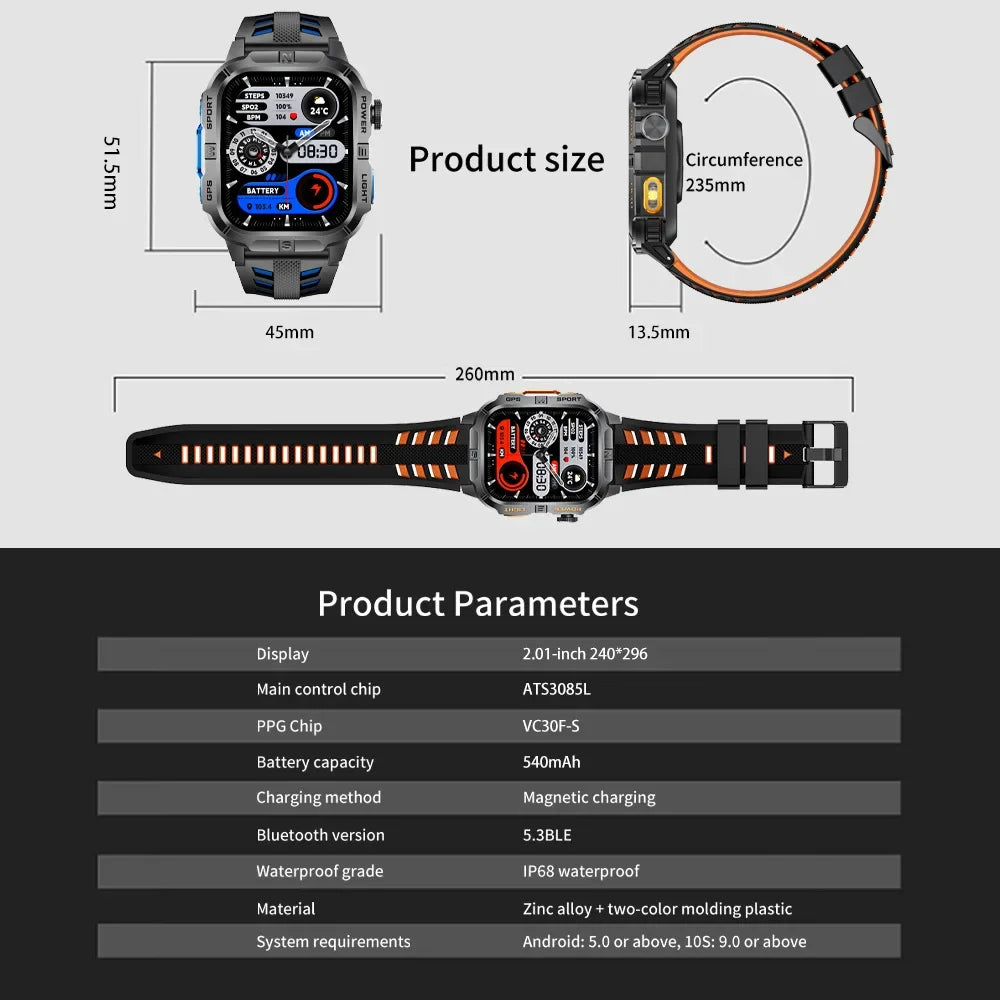 New Outdoor Military Men Smartwatch Equipped With GPS Sports LED Lighting, Compass, Wireless Communication IP68 Waterproof Watch