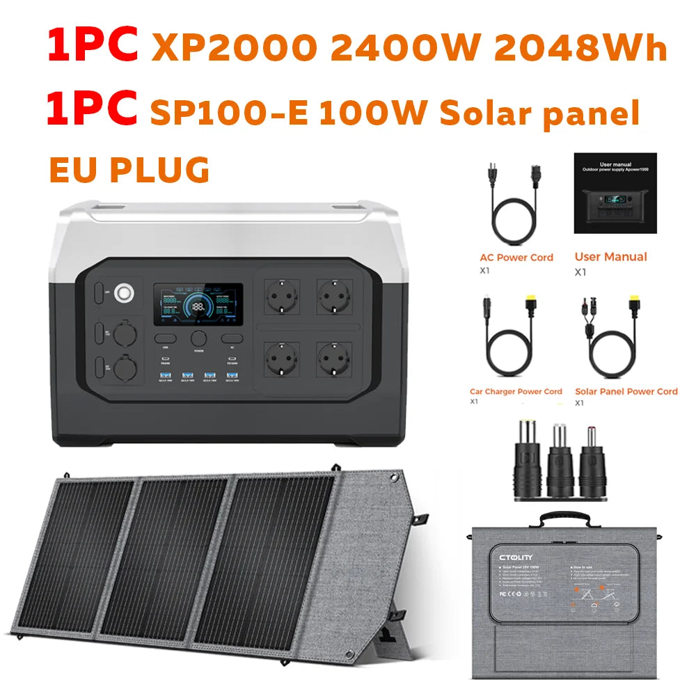 CTOLITY XP2000 UPS Power Station 2400W 2048Wh 640000mAh & SP100-ETFE 100W Foldable Solar Panel, LiFePO4 Outdoor Emergency Supply