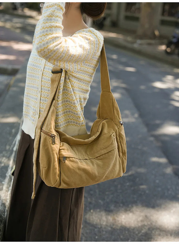 100% Cotton Shoulder Bags Women Large Capacity Canvas Tooling Packages Korea Style Cloth Crossbody Bags Solid Messenger Bags