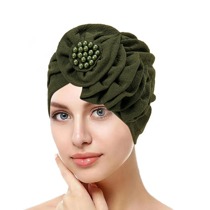 Solid Color Flowers Muslim Hijab Caps Beading Women Wrap Head Ramadan Ladies Fashion Headwear Turban Bonnet