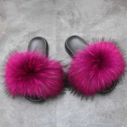 Real Raccoon Fur Slippers For Women 2026 Summer Fluffy Indoor House Fuzzy Flat Slides Outdoor Fashion Beach Sandals Flip Flops