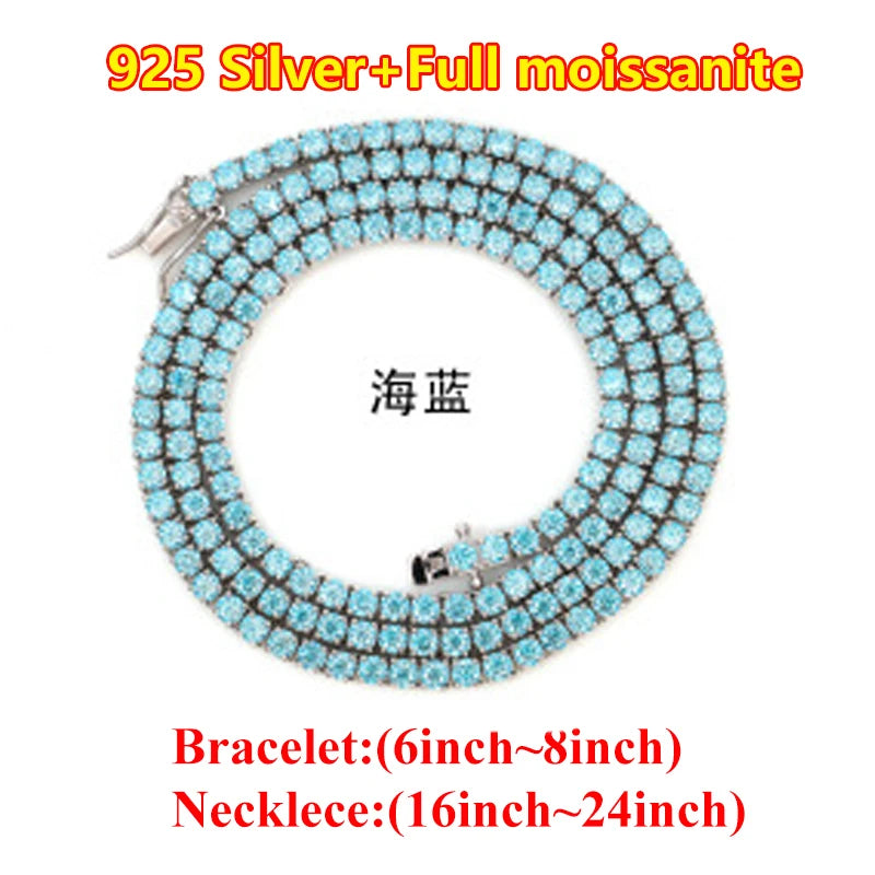 Hiphop 3-4mm Golden Yellow Moissanite Tennis Chain Bracelet Necklace S925 Silver Blue Moissanite Tennis Mecklace
