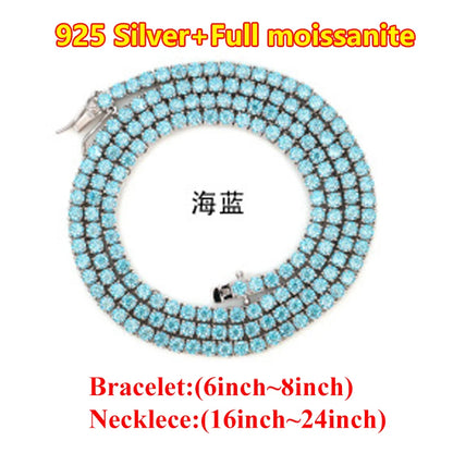 Hiphop 3-4mm Golden Yellow Moissanite Tennis Chain Bracelet Necklace S925 Silver Blue Moissanite Tennis Mecklace